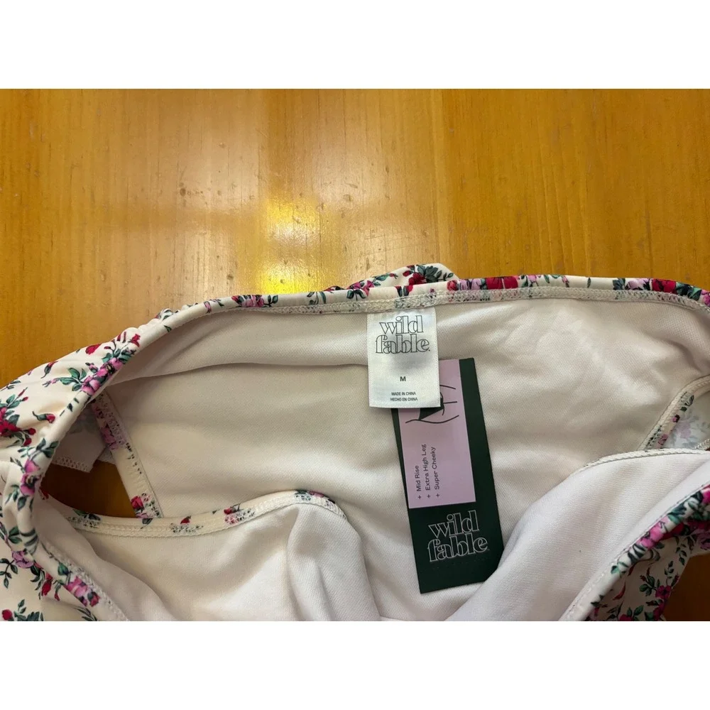 Wild Fable Floral Ruffle Bikini Bottom Mid Rise Extra High Leg Cheeky Pink‎ M
